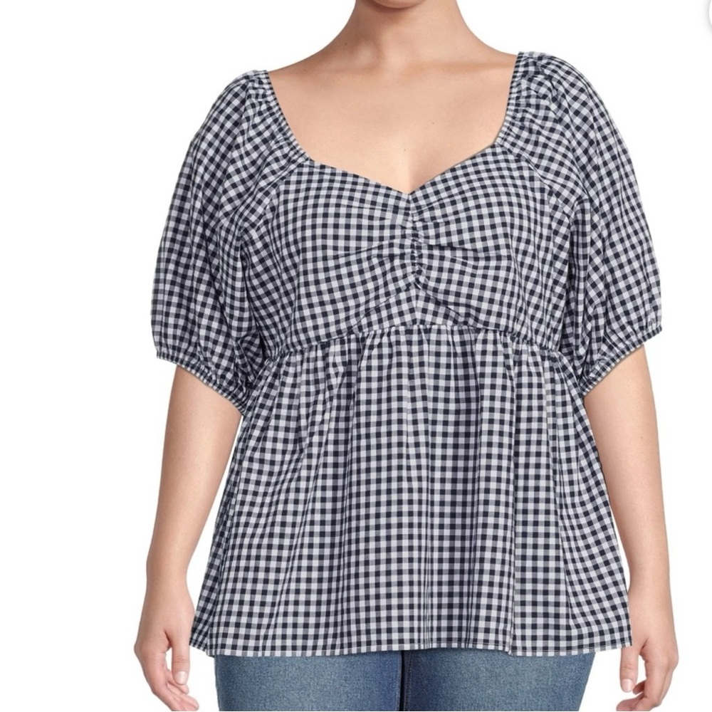 Terra & Sky Black and White Cotton Gingham Balloon Sleeve Ruched Top 3X